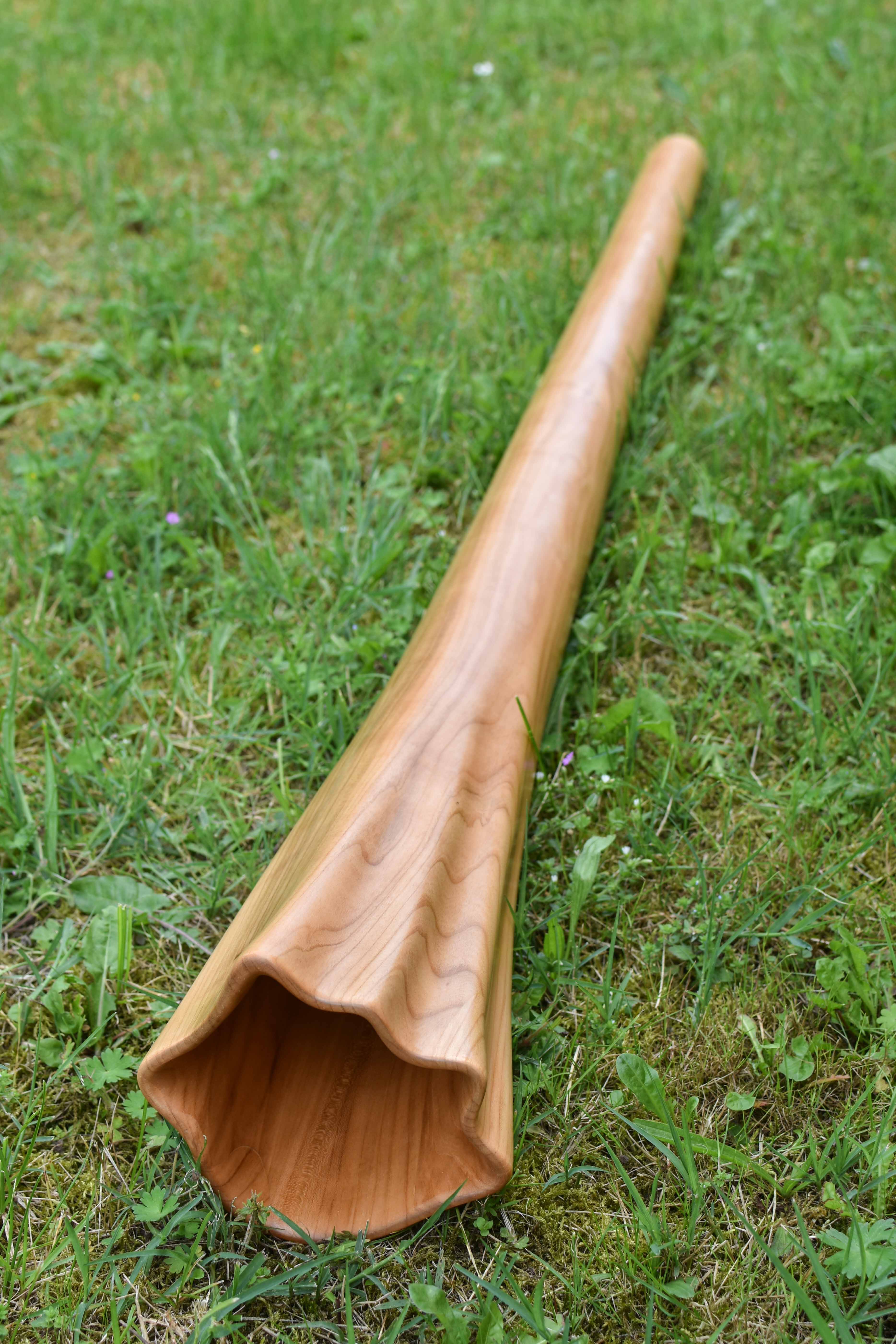 Didgeridoo nommé Hawea, en Do, tout droit, fabriqué en bois de merisier avec une cloche très sculptée